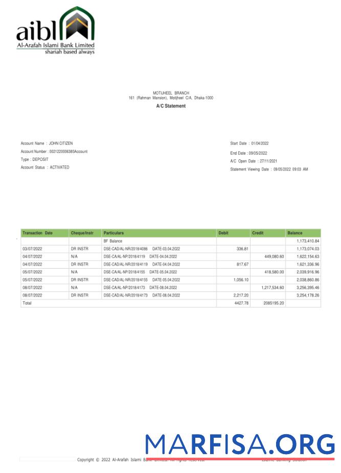 Realistic Bangladesh Al Arafah Islami bank statement excel example